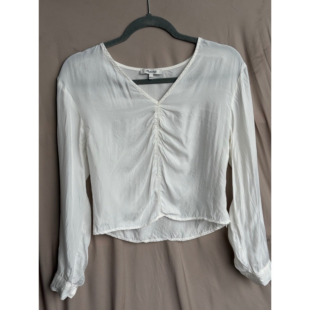 Madewell White Ruched Front V-Neck Long Sleeve Blouse Top Size 2